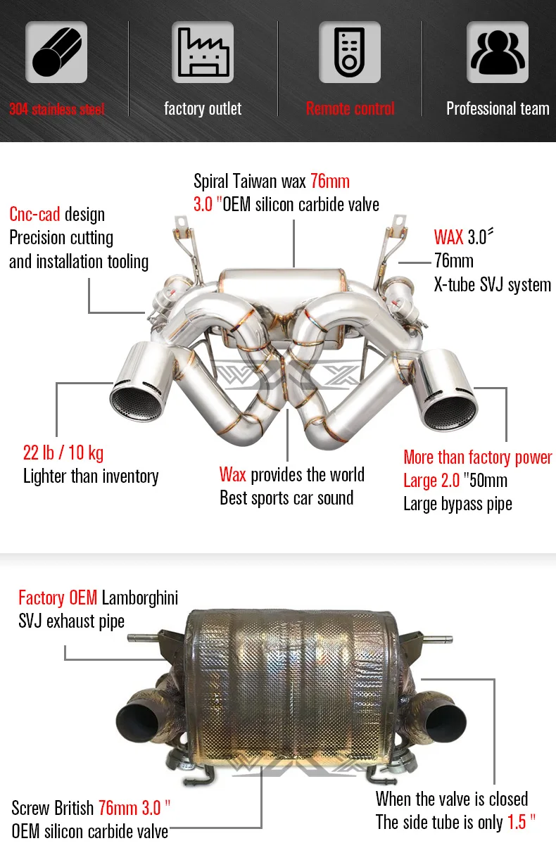 Performance 304 Stainless Steel Exhaust Pipes Exhaust Muffler Catback For Lamborghini LP700/720/750 Exhaust System